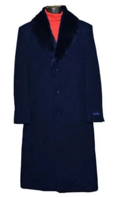 Mens Dark Navy Blue Long Overcoat with Faux Fur Collar, Classic Winter Dress Coat for Formal