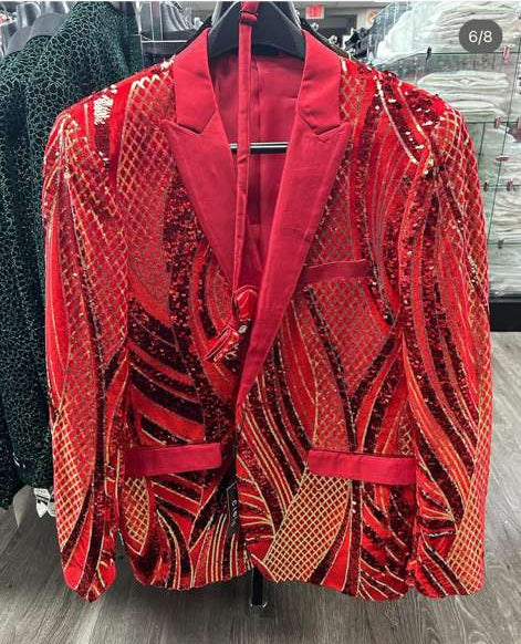 Men’s Red and Gold Sequin Christmas Holiday Blazer – Luxury Party Jacket for New Year, Wedding and Festive Events