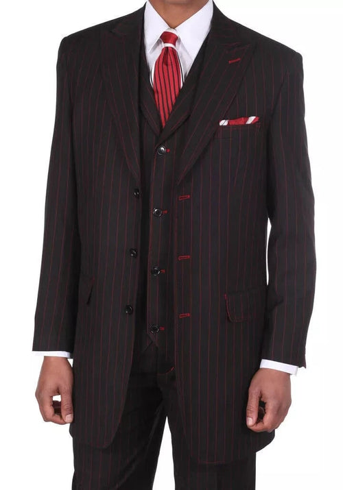 Men's black zoot suit with red pinstripes. Three-piece: fitted jacket (peak lapel, 3 buttons, red stitching), vest, and wide-legged trousers. Includes a red necktie and patterned pocket square.