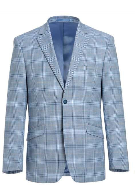 Men's big & tall light blue checkered blazer. Notched lapel, single-button closure, and two front pockets. Light blue base with darker checkered pattern, and coordinating interior lining.
