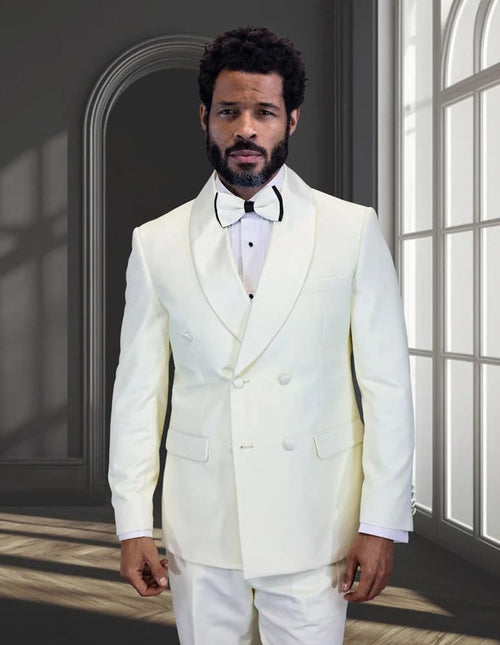 Off-white men's double-breasted tuxedo jacket. Shawl lapel, structured fit, smooth fabric. Features two rows of buttons, solid color, and side pockets.
