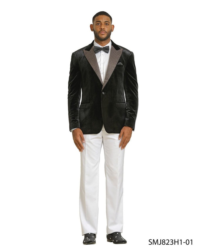 Black velvet tuxedo blazer with fitted shape and studded lapel. Deep black, soft velvet. Classic single-breasted design with notch lapel.
