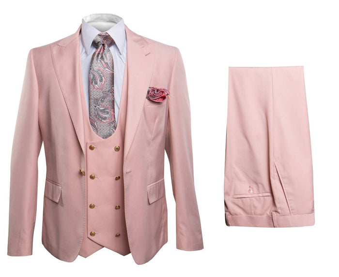 Men's blush pink three-piece suit. Includes a double-breasted vest with gold buttons, single-breasted jacket (notch lapels), and matching trousers. Smooth fabric.
