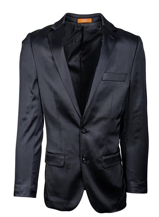 Men's black satin blazer. Classic slim fit, two-button closure. Smooth, shiny texture. Chest and flap pockets. Ideal for formal events.
