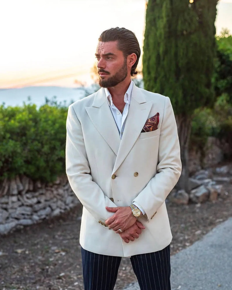 Men’s Ivory Linen Double Breasted Blazer, Lightweight Wedding Dinner Sport Coat Jacket Cream Off White