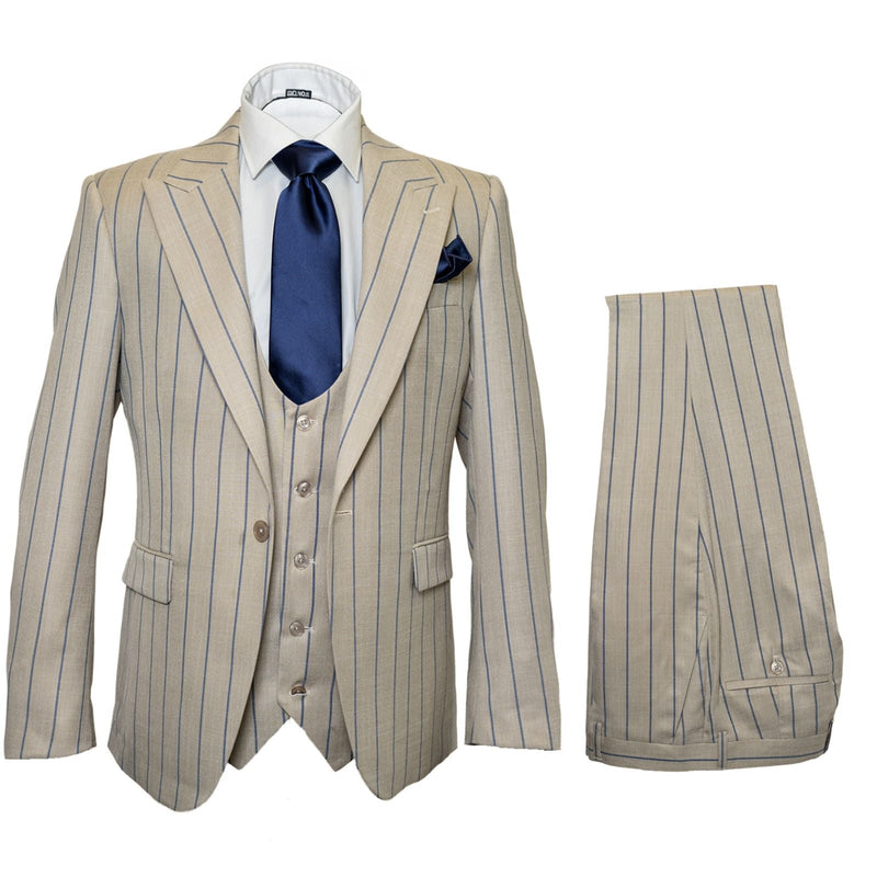 Alberto Nardoni men's three-piece suit: beige fabric with blue pinstripes. Includes jacket (notched lapel, pockets), vest (five buttons), and tailored trousers (straight cut).  Complemented by blue tie & pocket square.
