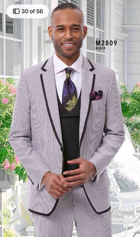 Mens Black and White Pinstripe Wedding Tuxedo Suit – Three Piece Formal Suit Set with Contrast Trim for Groom, Prom - Seersucker Summer Suit