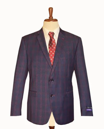 Men's big & tall navy jacket with burgundy plaid. Single-breasted, 2-button, notch lapel. Textured fabric, smooth finish.