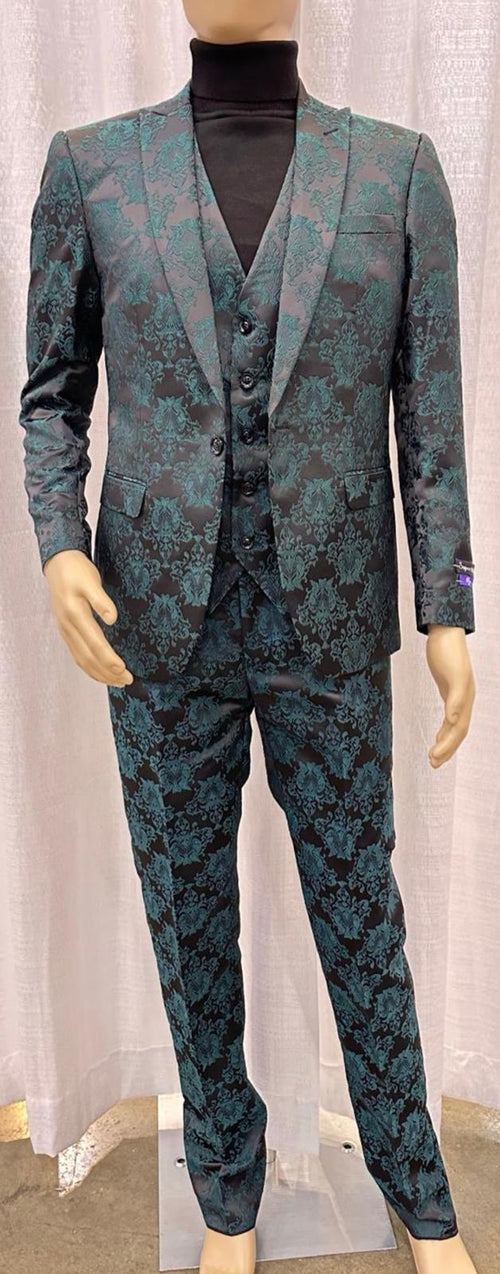 Men's emerald green tuxedo: floral jacquard 3-piece suit. Dark base with green floral pattern. Structured jacket, matching vest, slim-fit trousers. Glossy material, intricate weave, notch lapel, two front pockets.