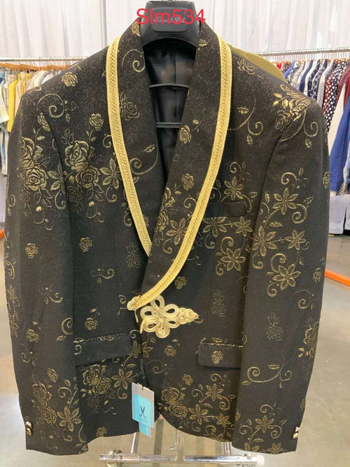 Black and gold men's luxury blazer with floral embroidery. Structured fit, gold trim on the shawl collar. A stylish and elegant statement piece.
