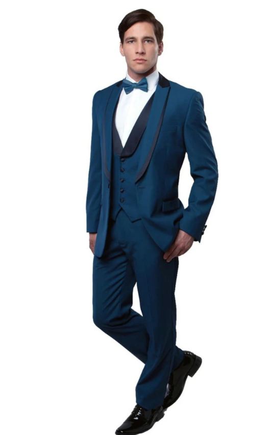 Men’s Teal Blue Western Tuxedo Suit, 3 Piece Cowboy Formal Wedding Prom Suit with Black Shawl Lapel Saphire