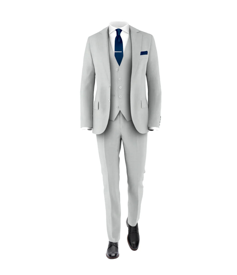 Men’s Silver & Navy Blue 3-Piece Suit – Wedding, Business and Formal Suit with Free Matching Tie