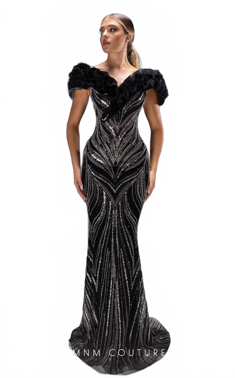 MNM Couture K4218 Black Open Back Mermaid Evening Gown