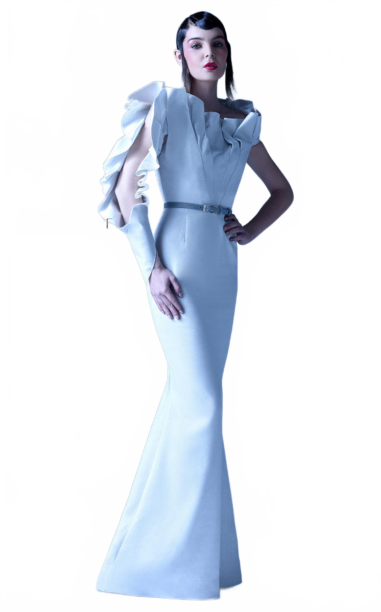 MNM Couture Gaby Charbachy G0934 Silver One-Sleeve Ruffle Evening Dress