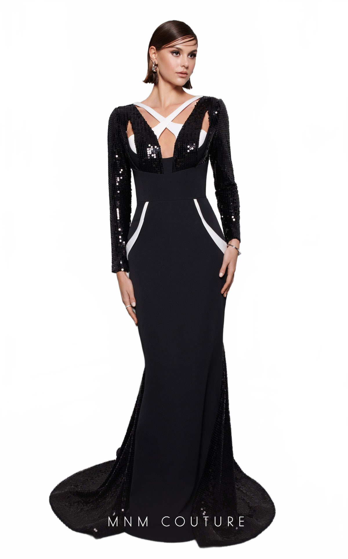 Fouad Sarkis F02834 Sequined Long-Sleeve Gown