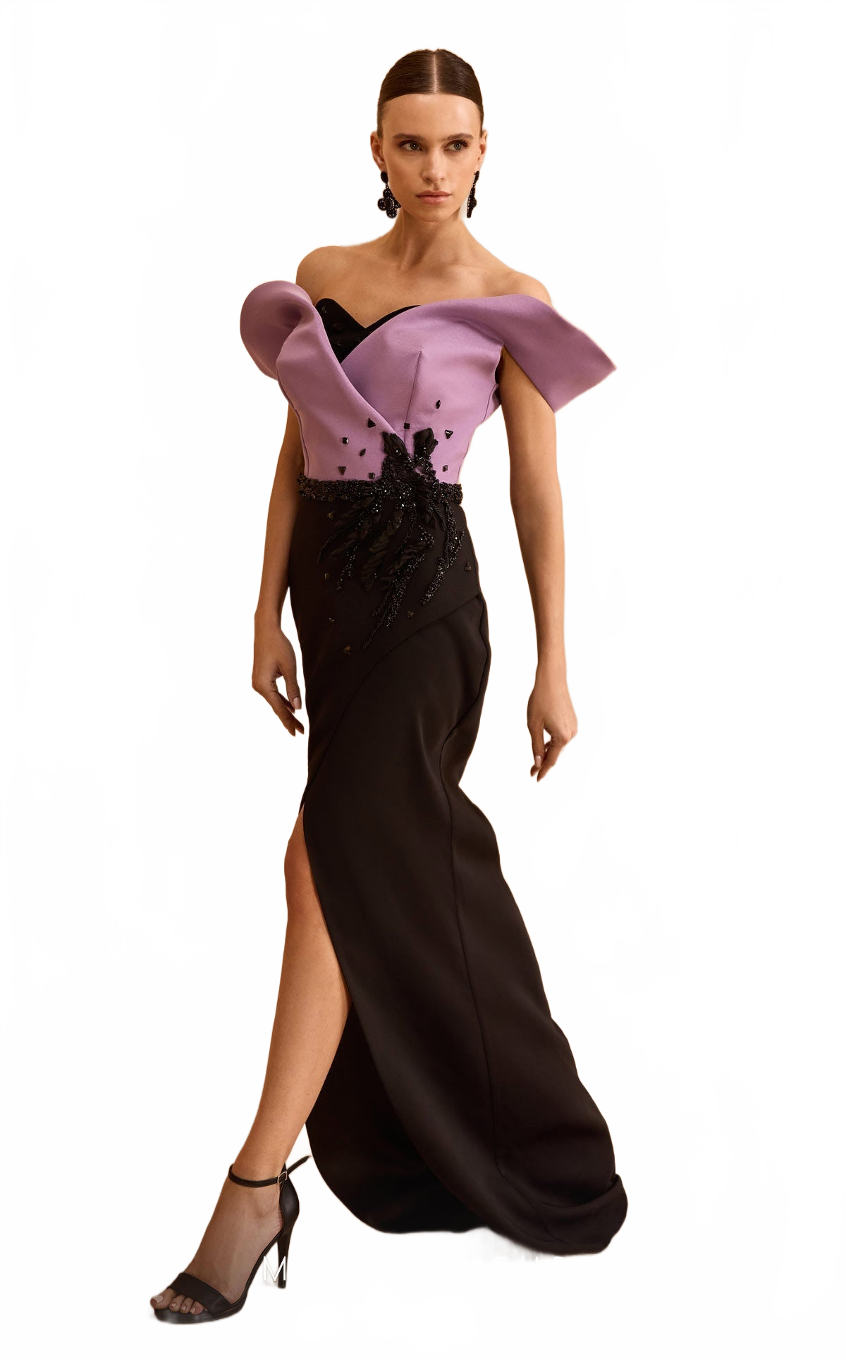 MNM Couture V07428: Off-Shoulder Gown with Sculpted Bodice in Black-Purple