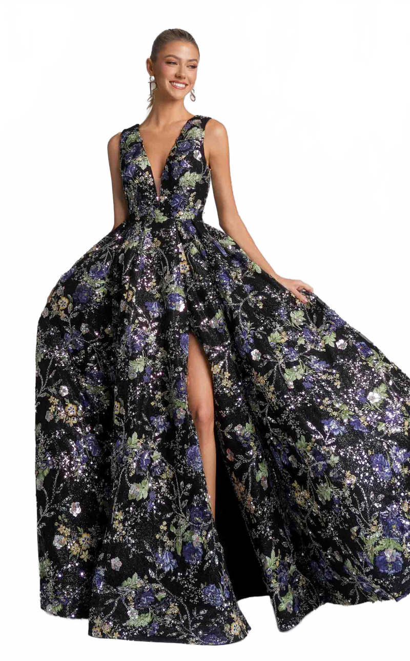 Floral A-Line Gown with Deep V-Neck & High Slit Sleeveless Dress by Portia & Scarlett PS26091