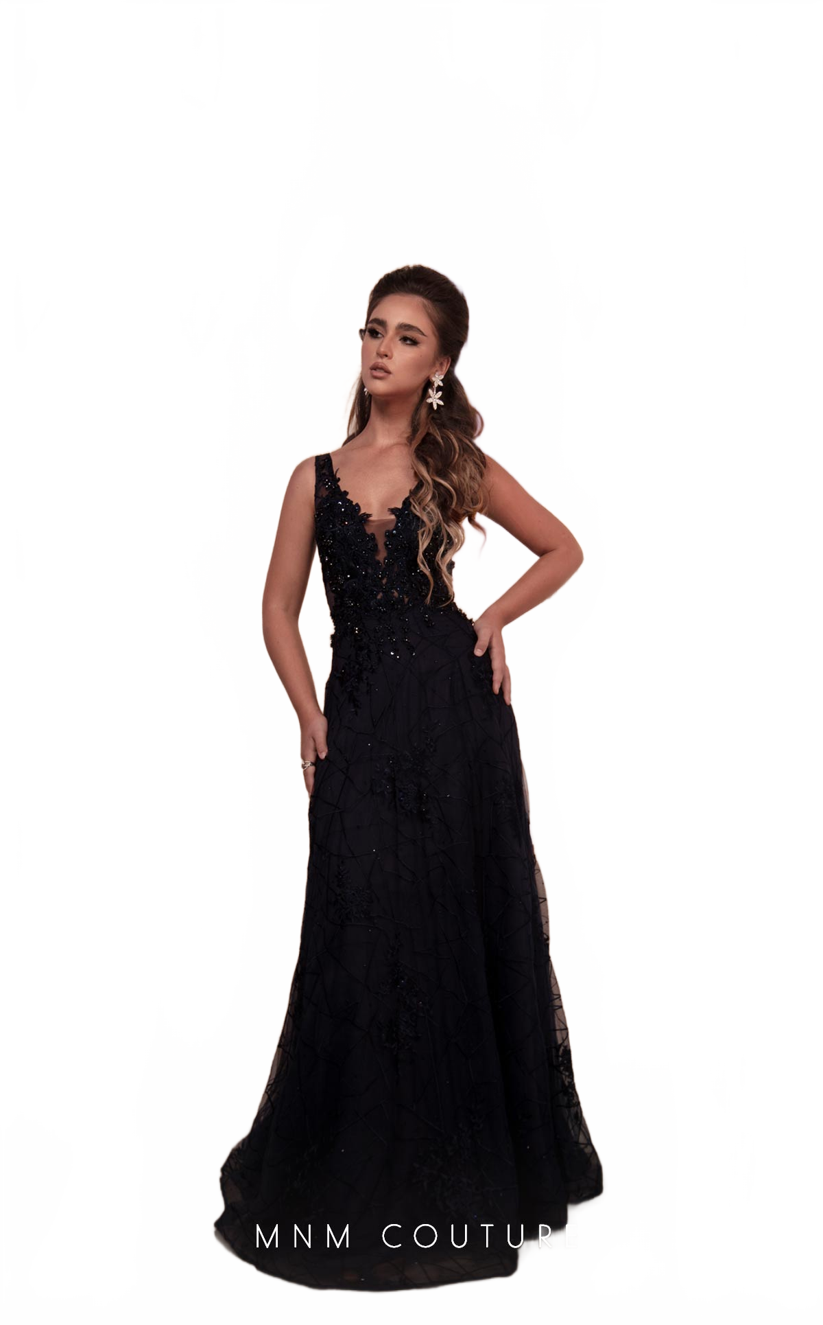 MNM Couture M0091 Navy Blue Embellished Evening Gown