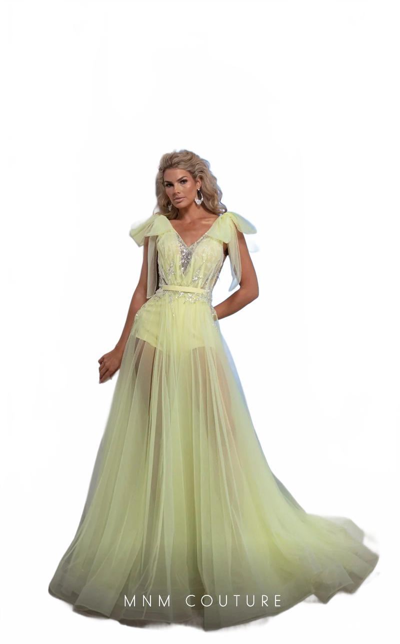 MNM Couture M0080 Draped V-Neck Sheer A-Line Gown in Yellow