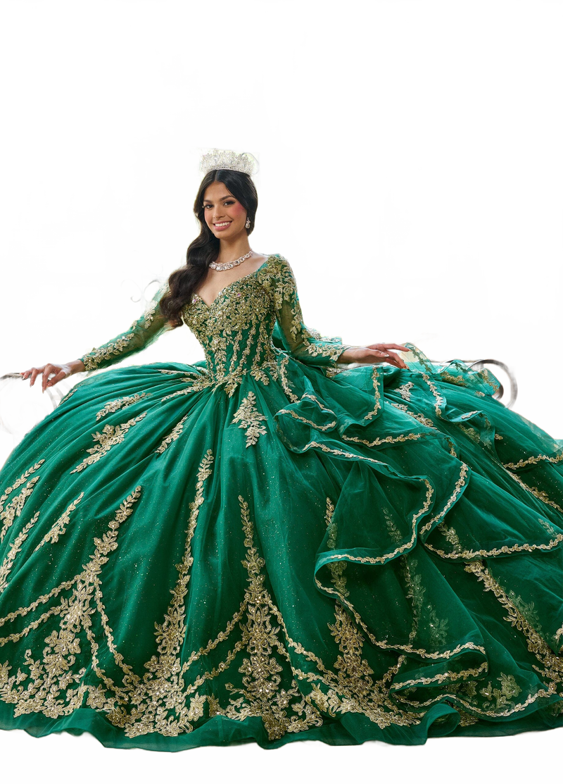 Rachel Allan RQ1137 Applique Long Sleeve Quinceanera Dress