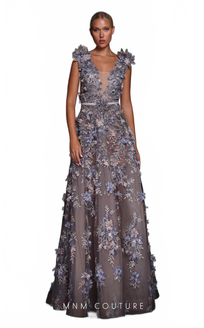 MNM Couture K4106 Grey A-Line Gown with 3D Floral Detailing