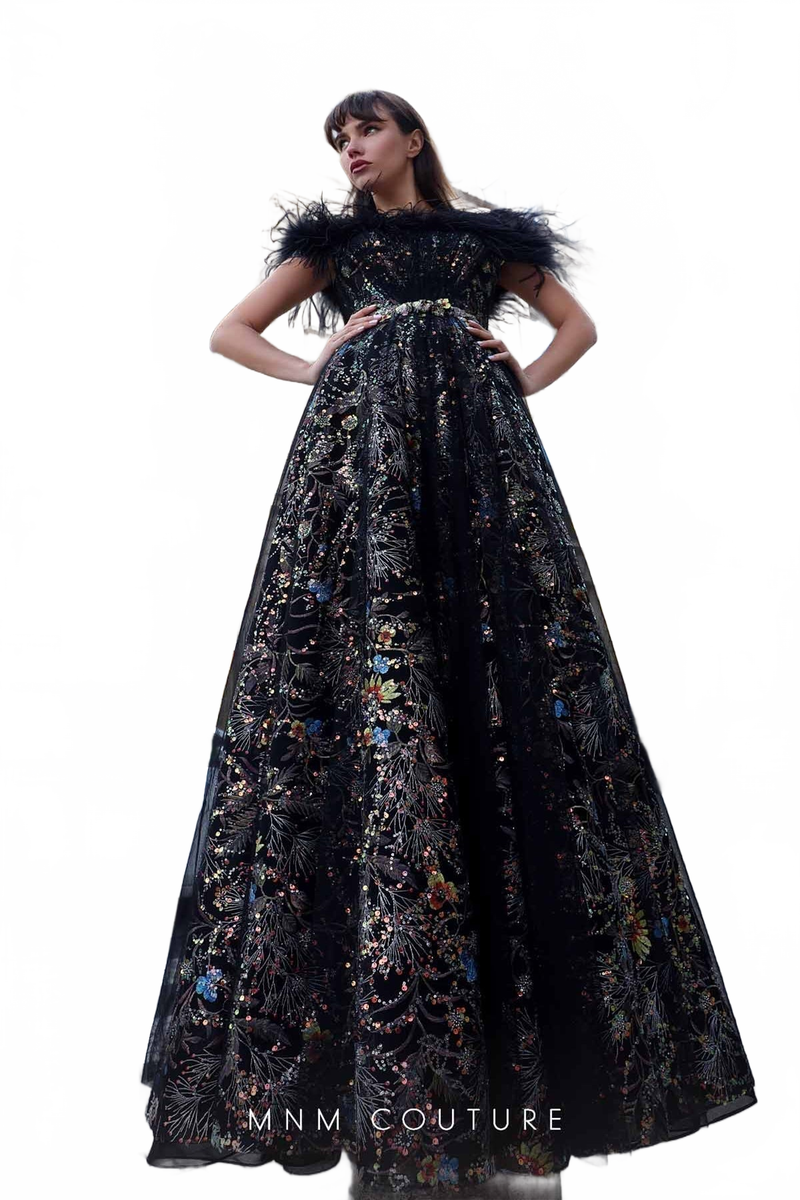 Black Feather-Shoulder Ball Gown by MNM Couture K4021