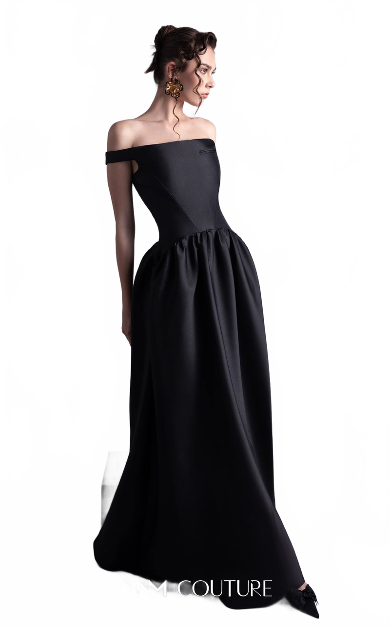 Gaby Charbachy GOS2507 Black Off-Shoulder High Slit Gown by MNM Couture