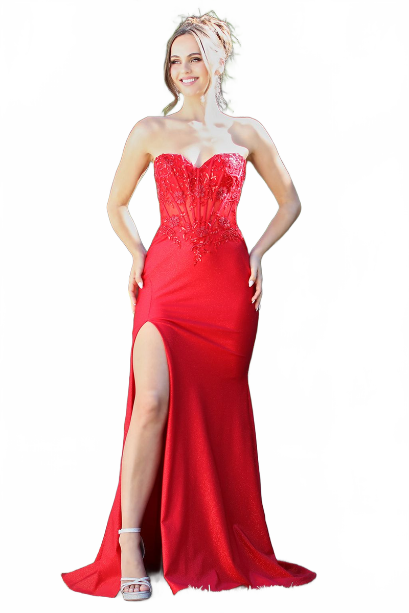 Adora Design 3286 Strapless Lace Applique Corset Slit Prom Gown
