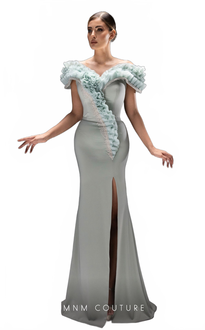 MNM Couture K4228 Aqua Off-Shoulder Evening Gown