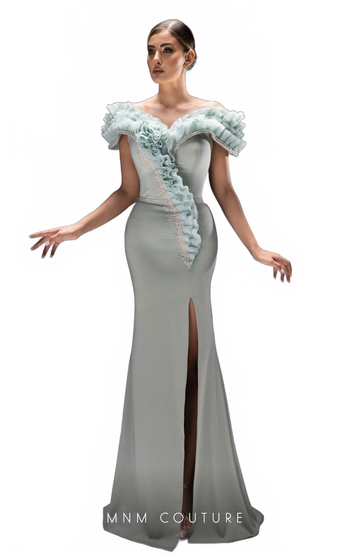 MNM Couture K4228 Aqua Off-Shoulder Evening Gown