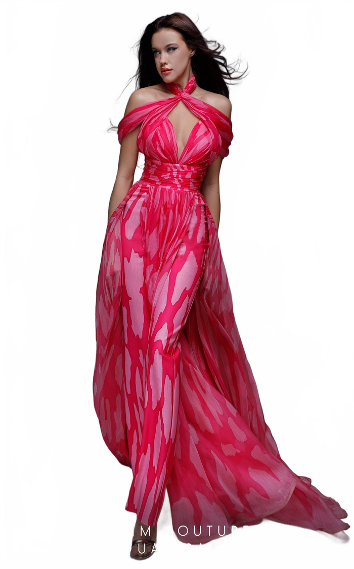 Fouad Sarkis 2734 Halter Neck Draped Print Gown