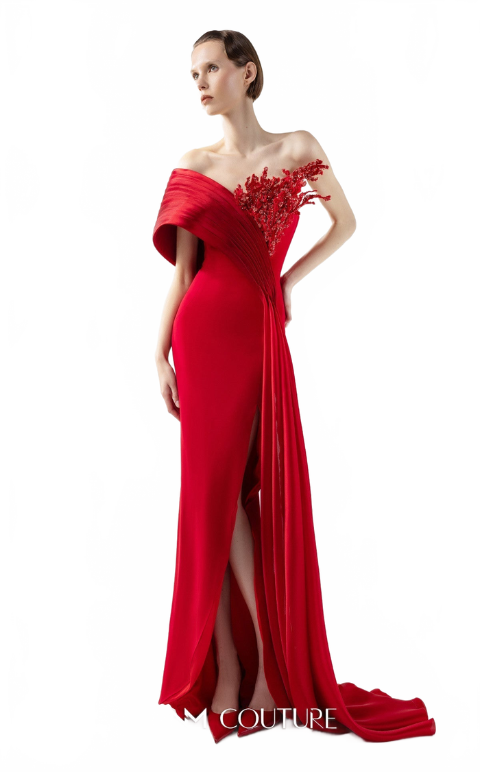 Gaby Charbachy G2040 Red Off-Shoulder Open Back High Slit Gown by MNM Couture