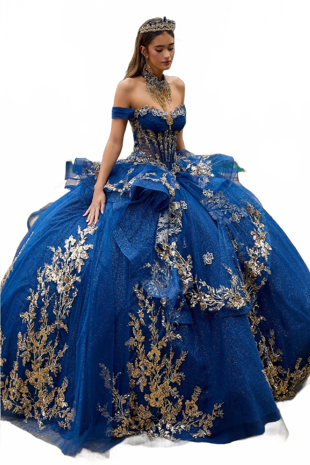 Navy and Gold Quince Dress Off Shoulder Ruffled Ball Gown by GLS Gloria GL3552