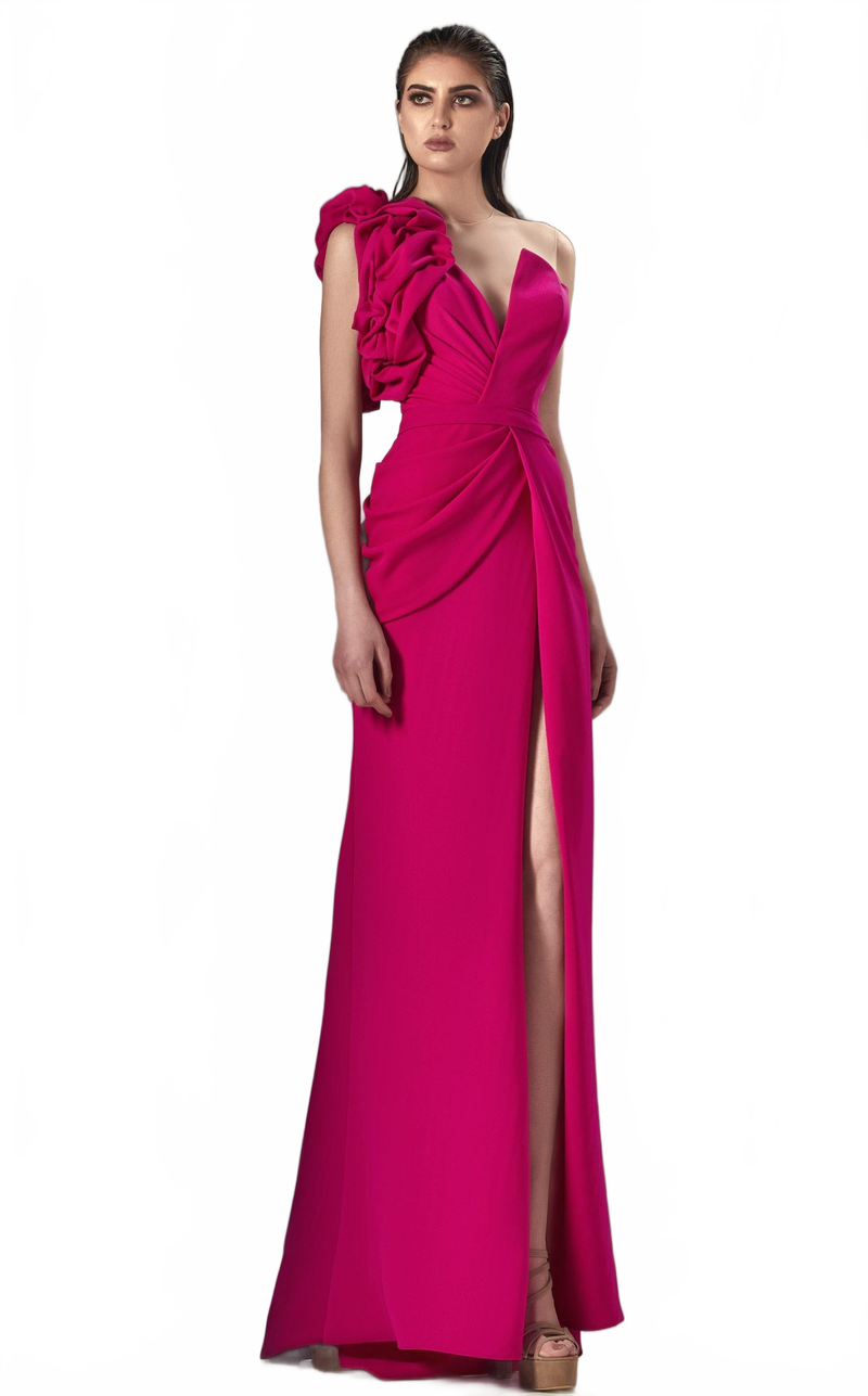 MNM Couture K3904 Red Asymmetrical A-Line Gown with Puffed Shoulder