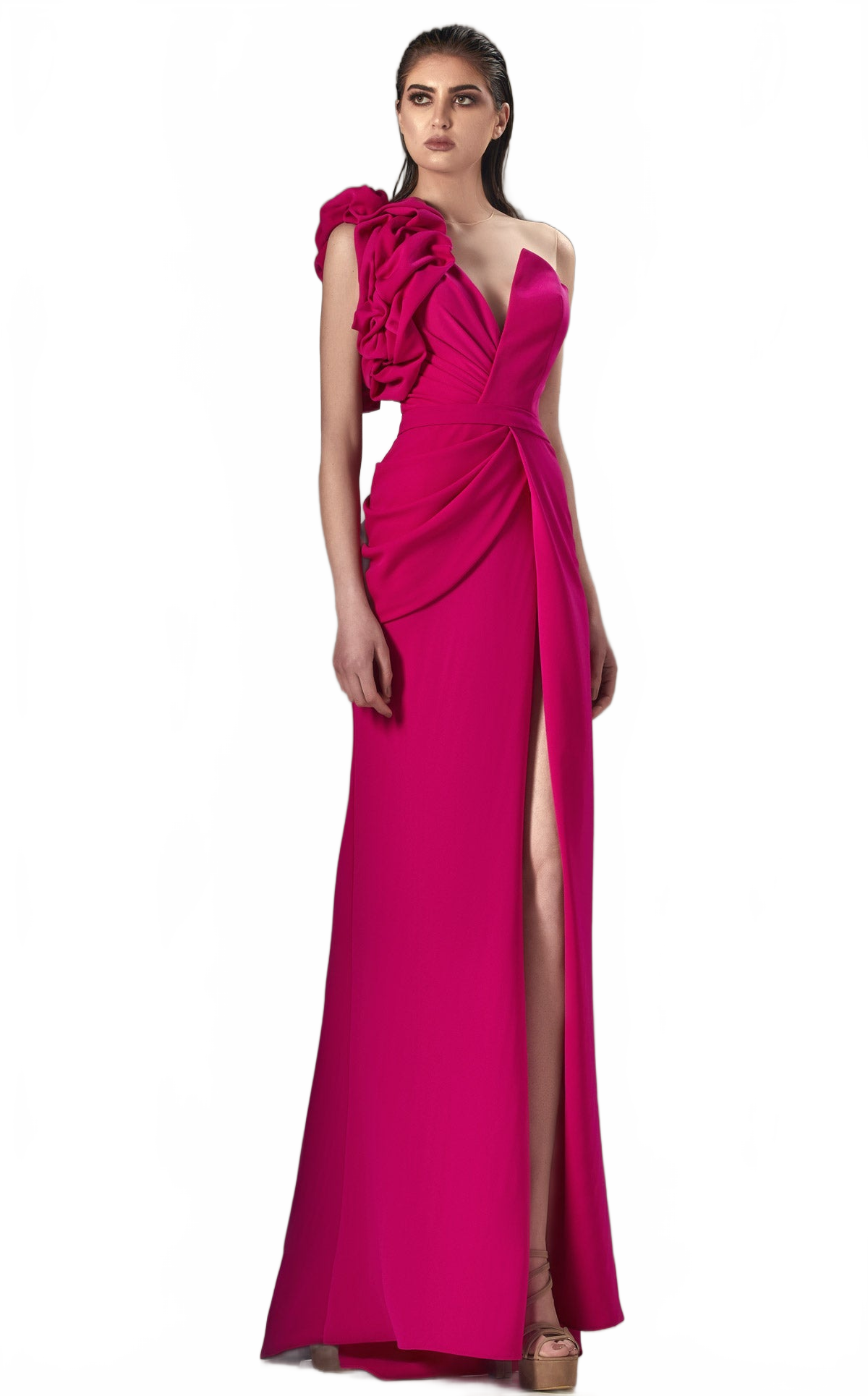 MNM Couture K3904 Red Asymmetrical A-Line Gown with Puffed Shoulder