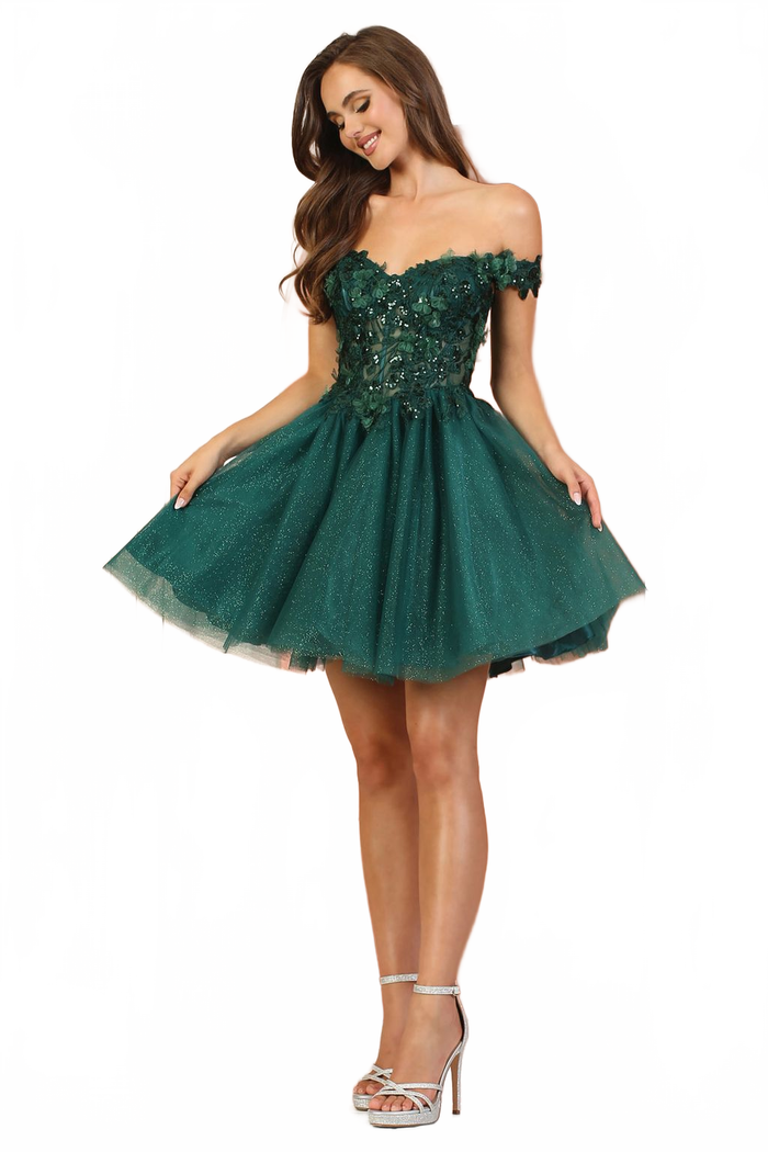 Adora Design 1041 Off Shoulder Floral Applique Glitter Prom Dress