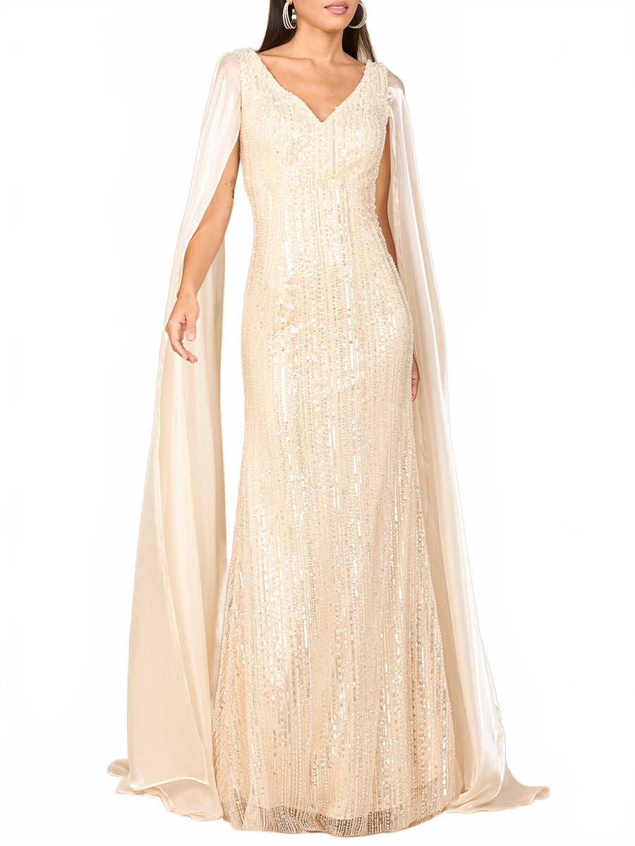 Lara 28942 Champagne Beaded V-neck Evening Gown with Satin Cape Sleeves