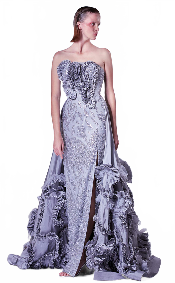 Gaby Charbachy G1330 Silver Strapless Sequined Gown with Overskirt by MNM Couture
