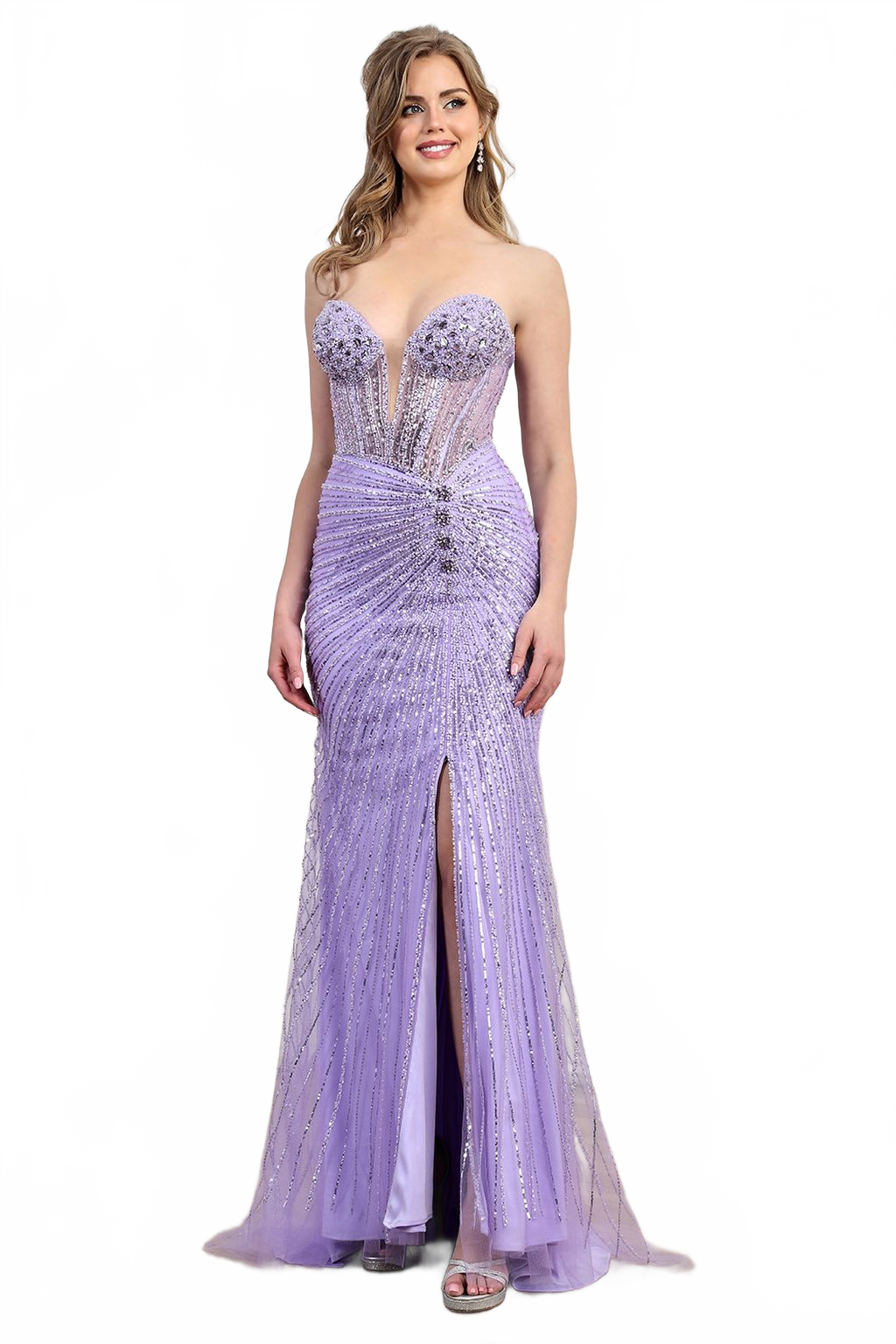 Strapless Beaded Tulle High Slit Formal Prom Gown
