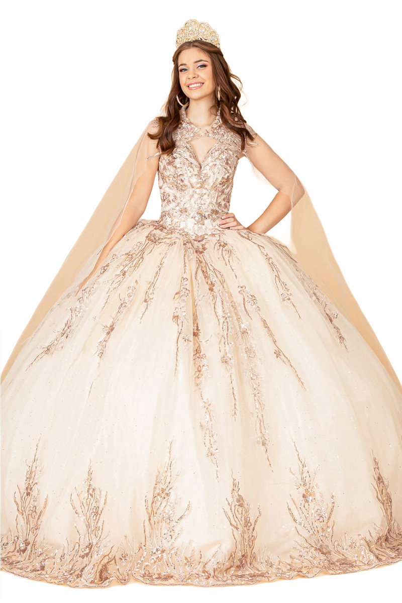 Embroidered Cape Ball Gown by Elizabeth K GL3076