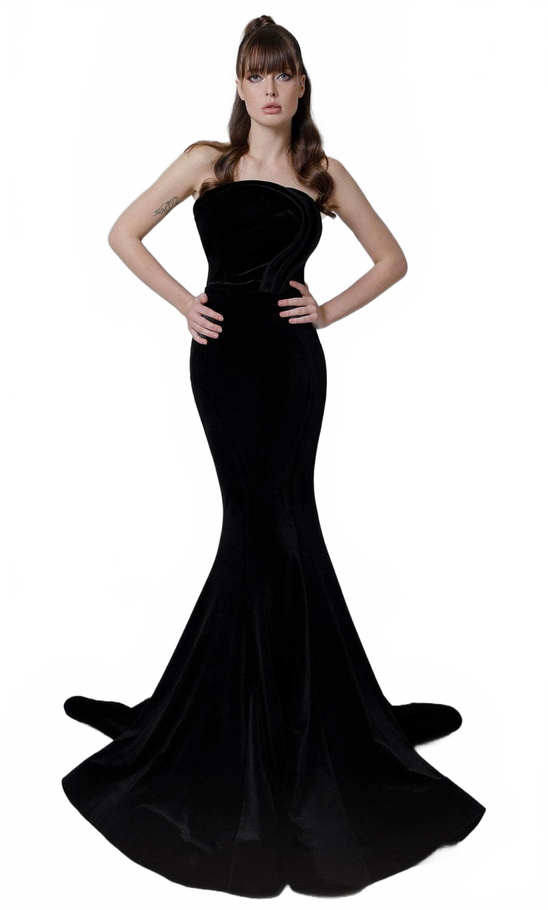 MNM Couture N0450 Black Velvet Strapless Evening Gown