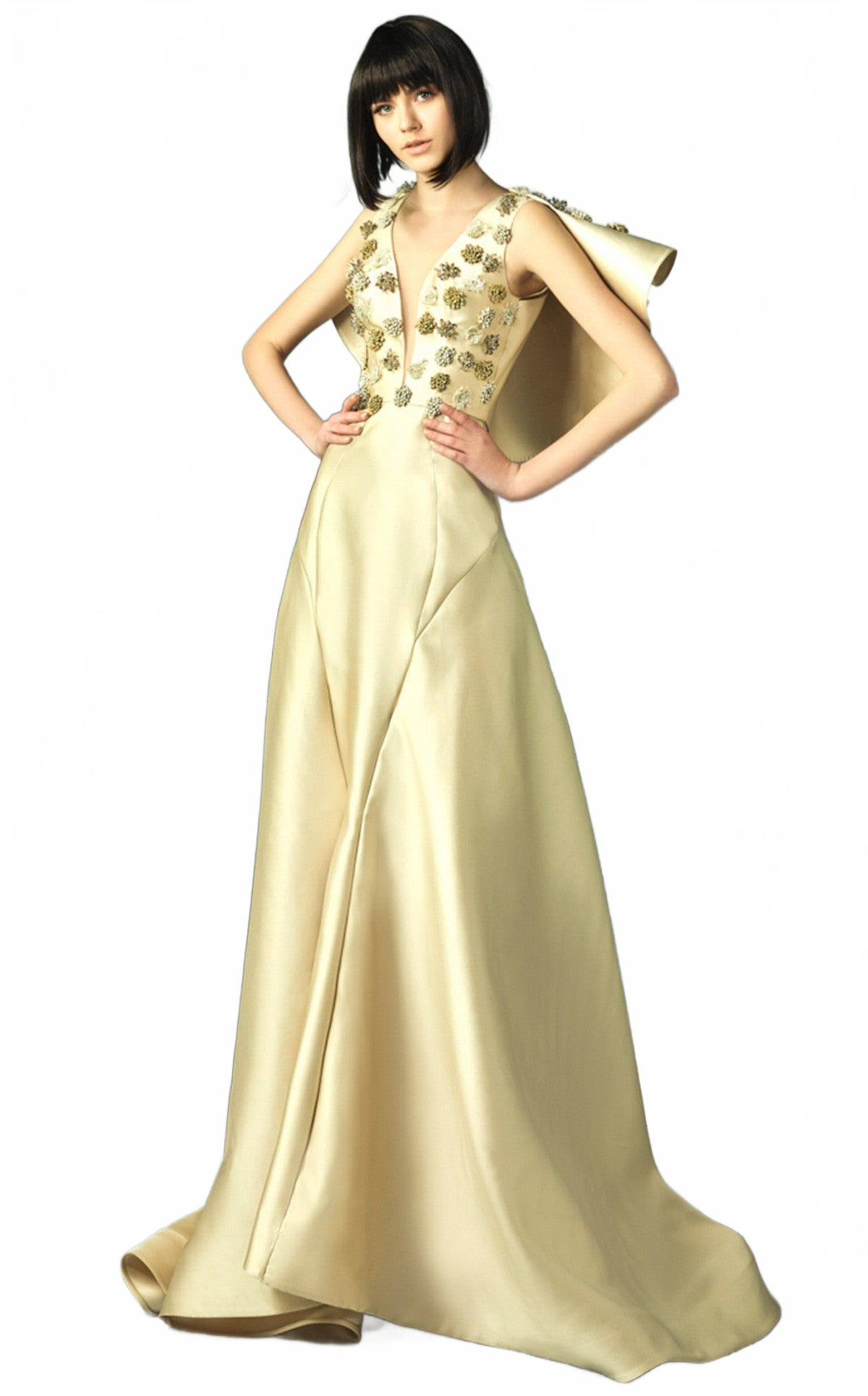 Gaby Charbachy G0825 Gold Beaded 3D Applique Evening Gown by MNM Couture