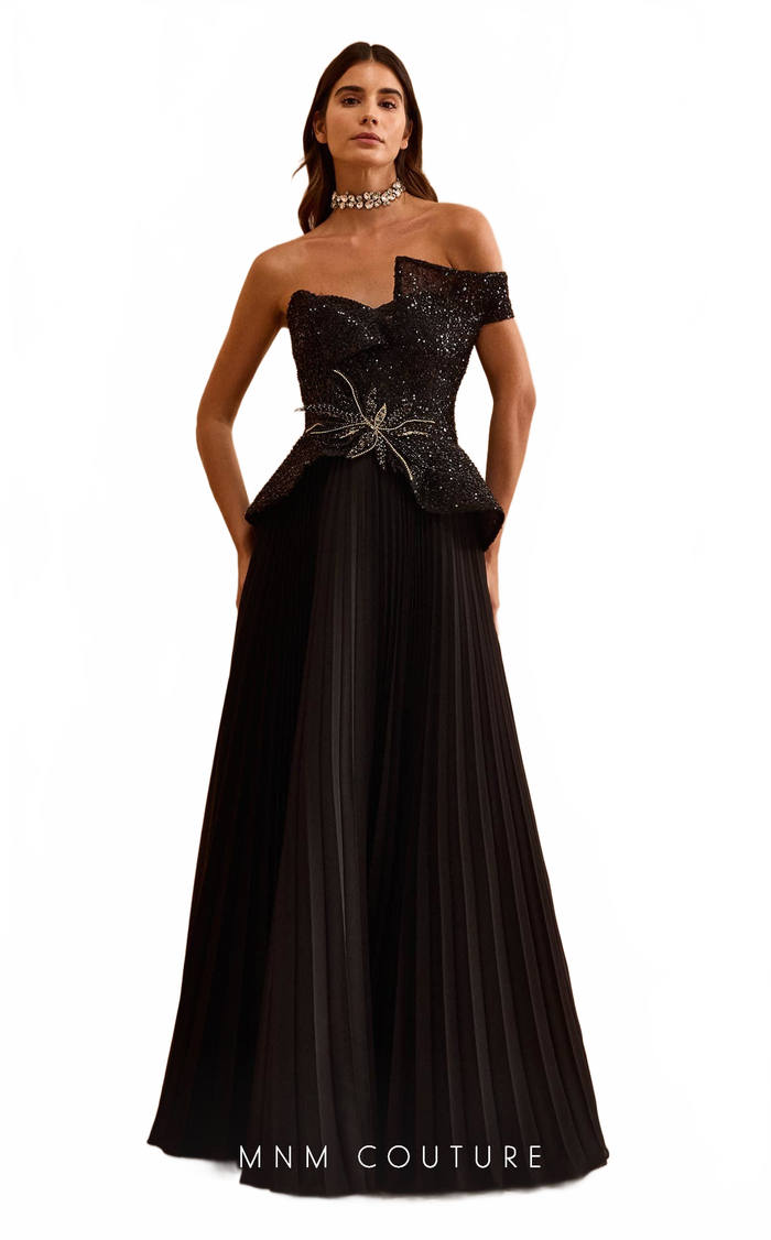 MNM Couture V07282 Off-Shoulder Pleated Evening Gown
