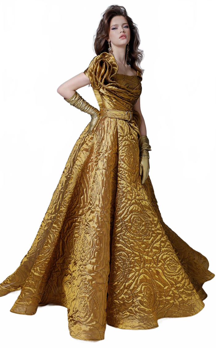 MNM Couture 2699 Mustard Sculpted Sleeve Ball Gown