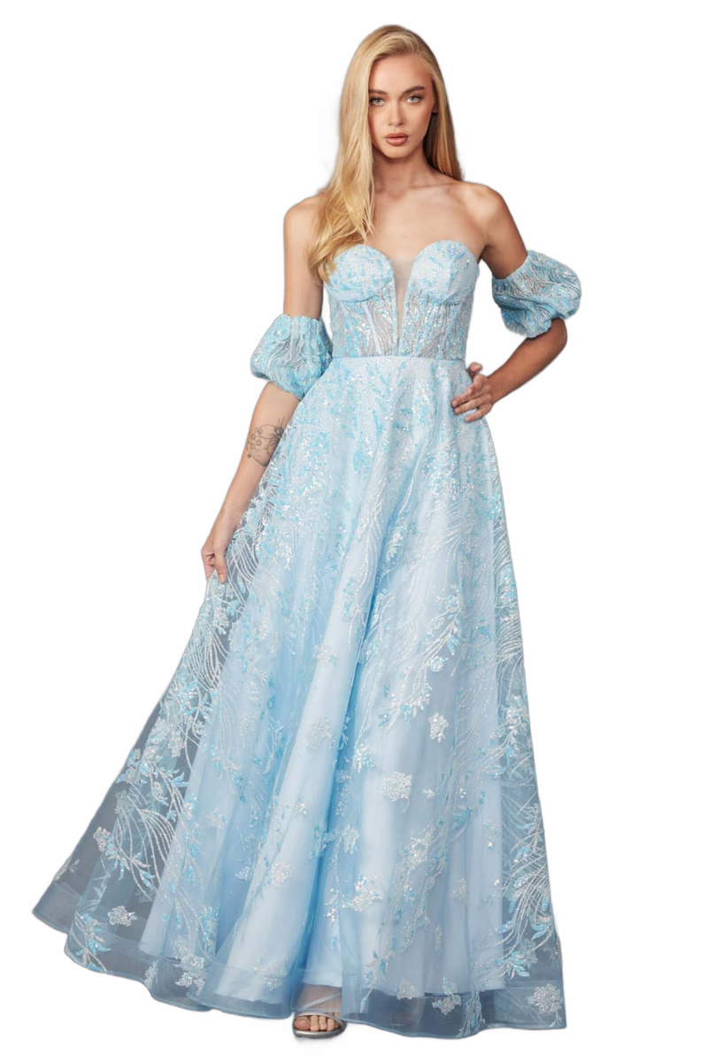 Sequin Print Corset Gown with Puff Sleeves by Juliet 2404