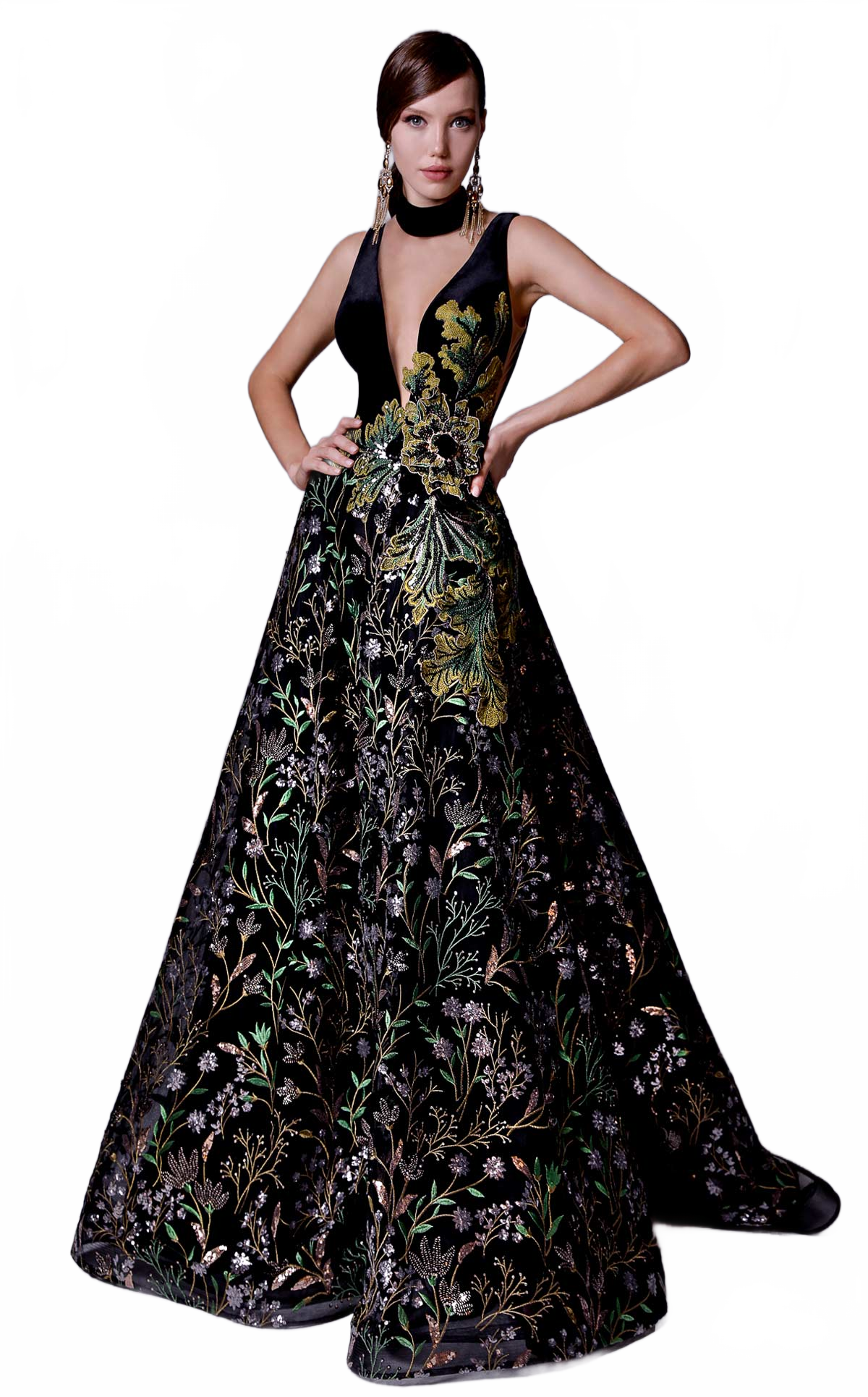 Fouad Sarkis 2707 Plunging Embroidered Ball Gown in Black