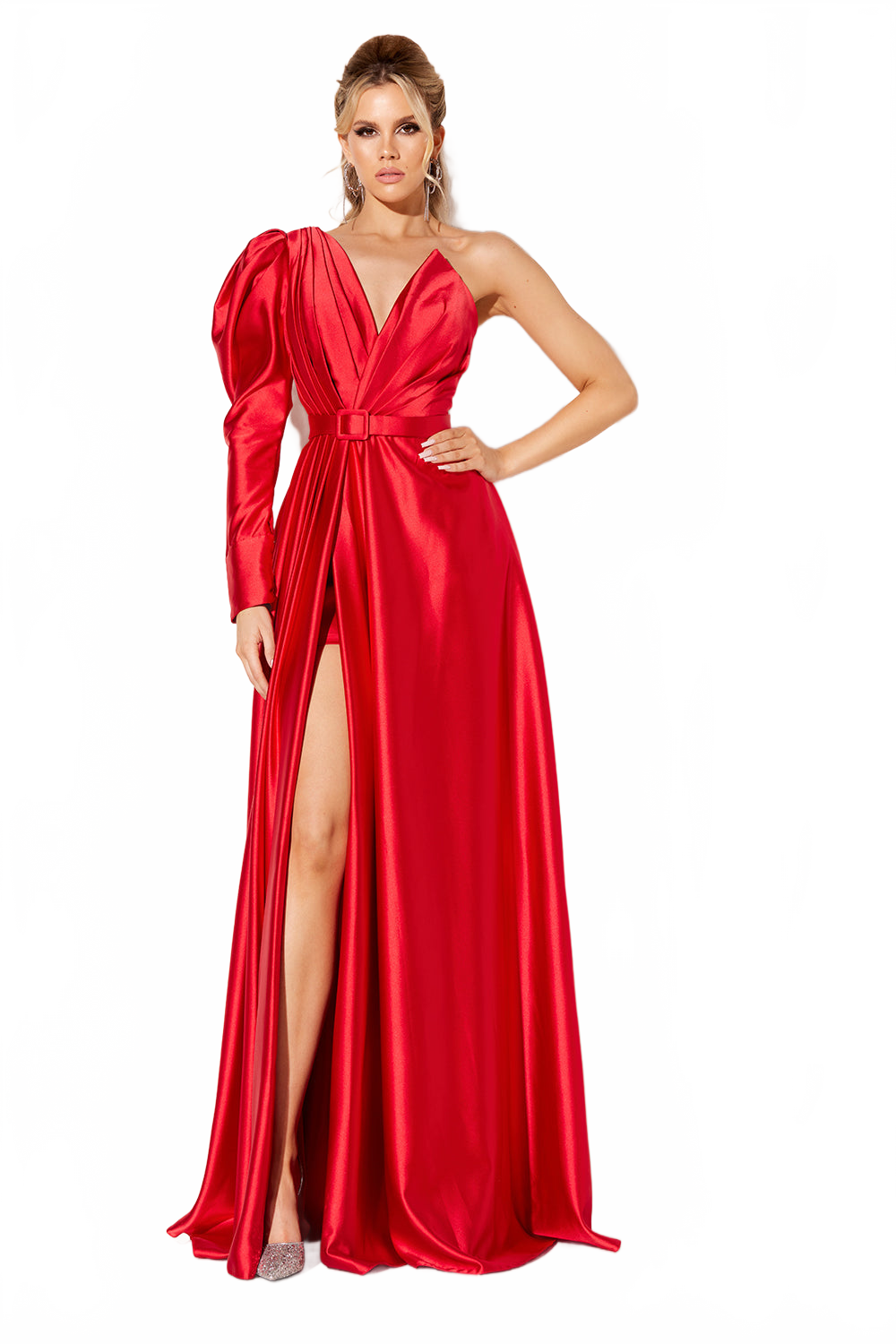 Satin Puff Sleeve A-line Slit Gown by Lucci Lu C8098