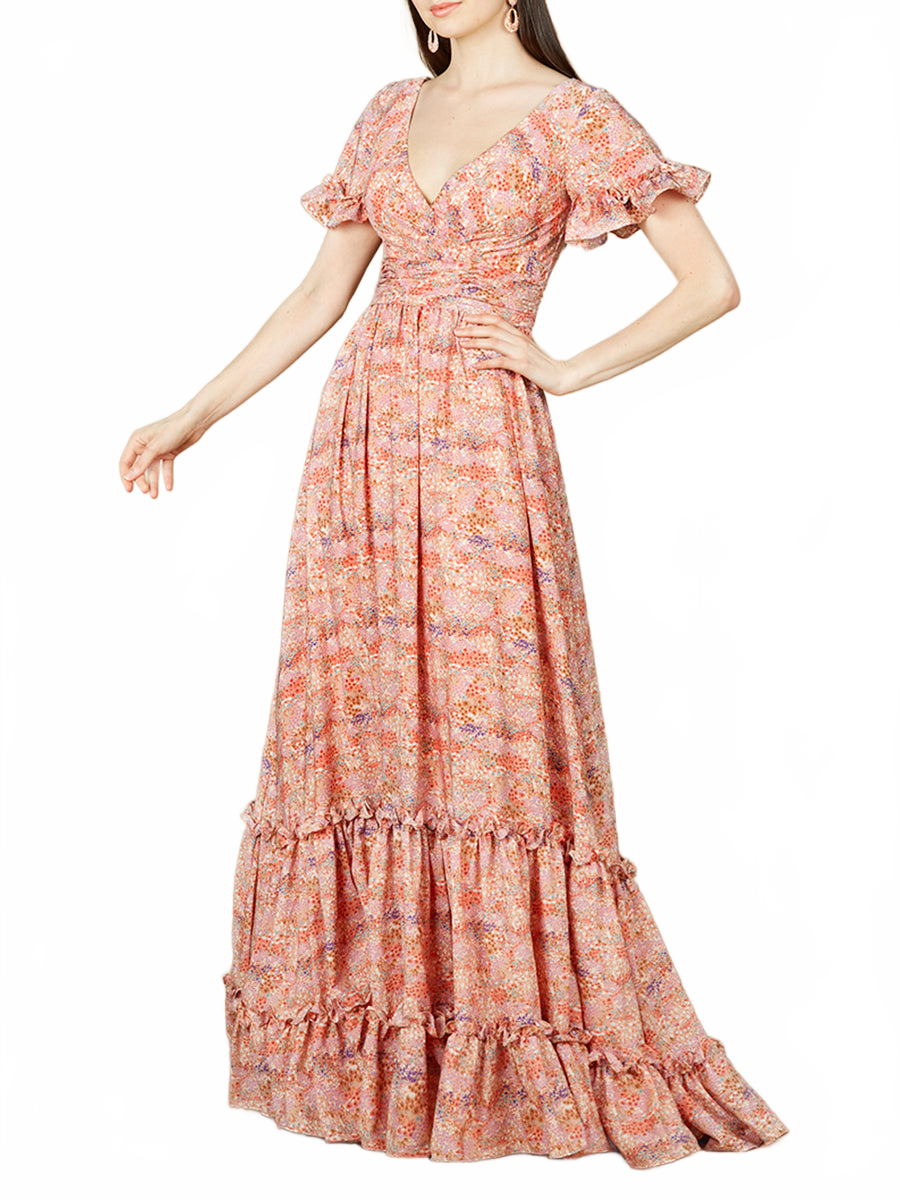 Lara 29273 Pink Long Floral Print Wedding Guest Dress with Cap Sleeves