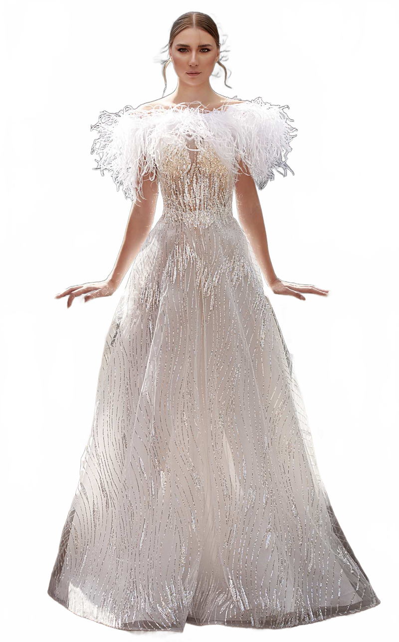 MNM Couture K3933 Blue Feathered Off-Shoulder Gown