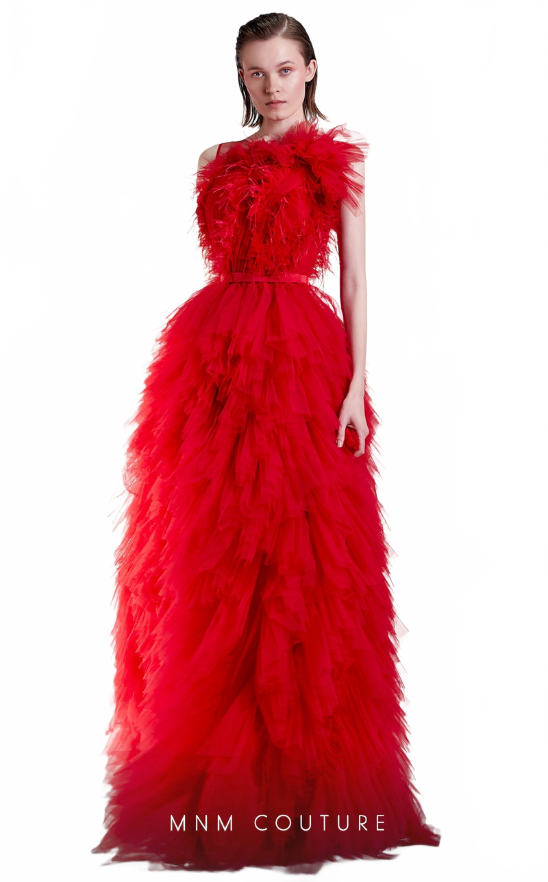 Red One-Shoulder Feathered Tiered Tulle Gown by MNM Couture